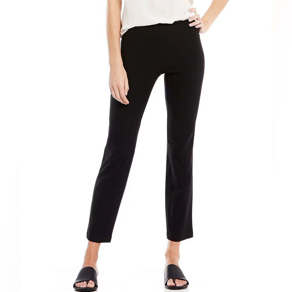 Eileen Fisher Black Stretch Crepe Slim Ankle Pants in Black.